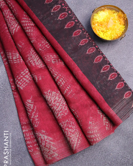 Semi linen saree maroon and black with allover prints and ajrakh printed pallu