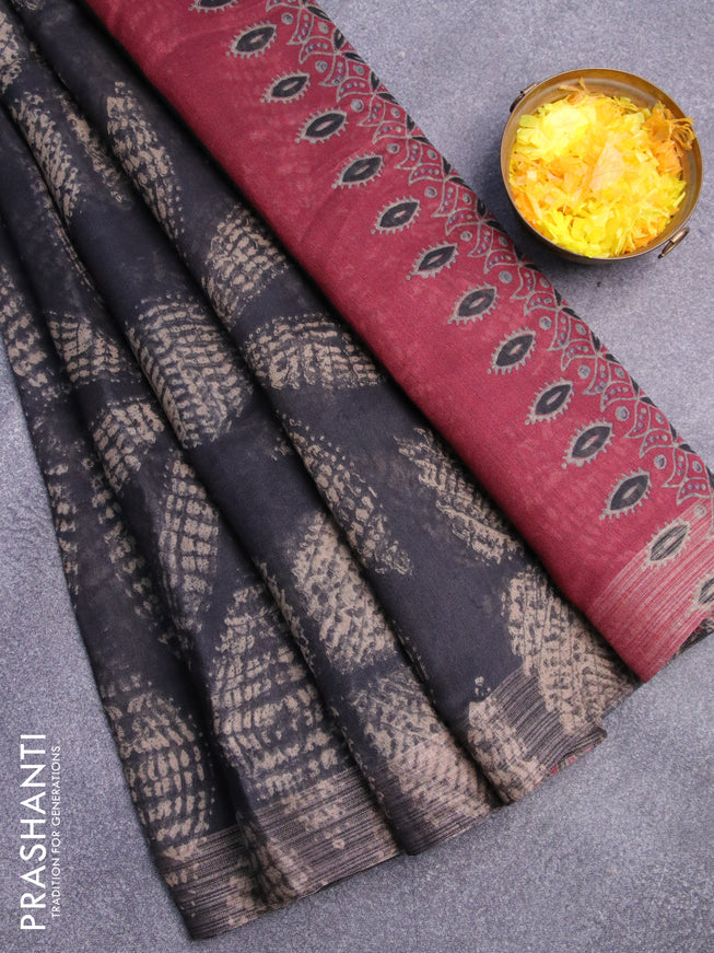 Semi linen saree elephant grey and maroon with allover prints and ajrakh printed pallu