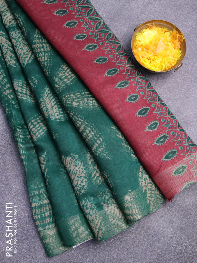 Semi linen saree green and maroon with allover prints and ajrakh printed pallu