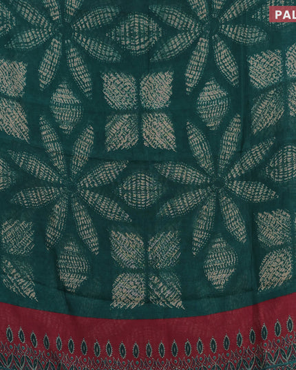 Semi linen saree green and maroon with allover prints and ajrakh printed pallu