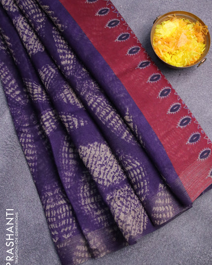 Semi linen saree deep violet and maroon with allover prints and ajrakh printed pallu