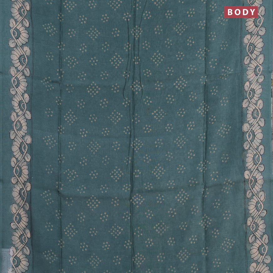 Semi linen saree pastel green and beige with allover bandhani prints and kalamkari printed pallu