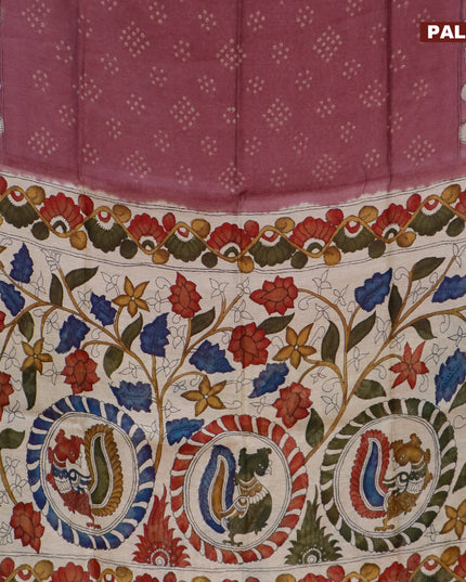 Semi linen saree wine shade and beige with allover bandhani prints and kalamkari printed pallu