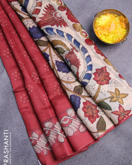 Semi linen saree maroon and beige with allover bandhani prints and kalamkari printed pallu