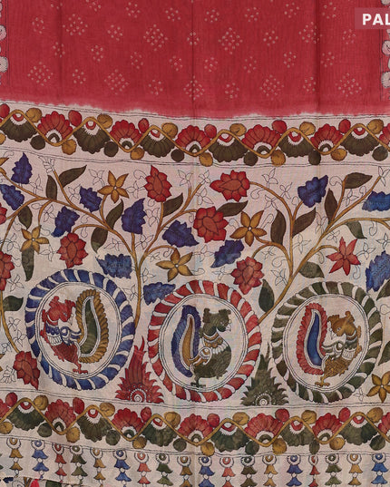 Semi linen saree maroon and beige with allover bandhani prints and kalamkari printed pallu