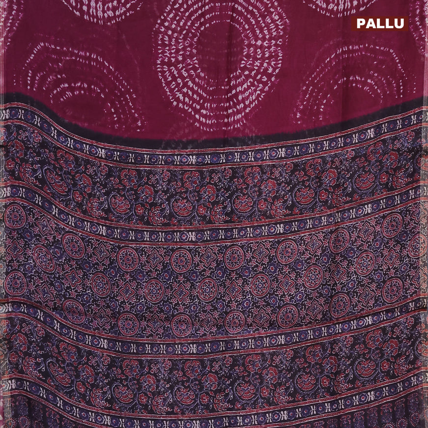 Semi linen saree dark magenta pink and black with allover shibori prints and ajrakh printed pallu