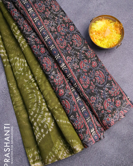 Semi linen saree mehendi green and black with allover shibori prints and ajrakh printed pallu