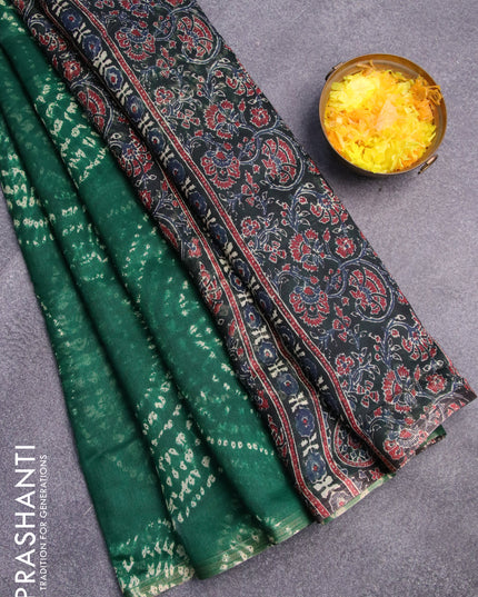Semi linen saree green and black with allover shibori prints and ajrakh printed pallu