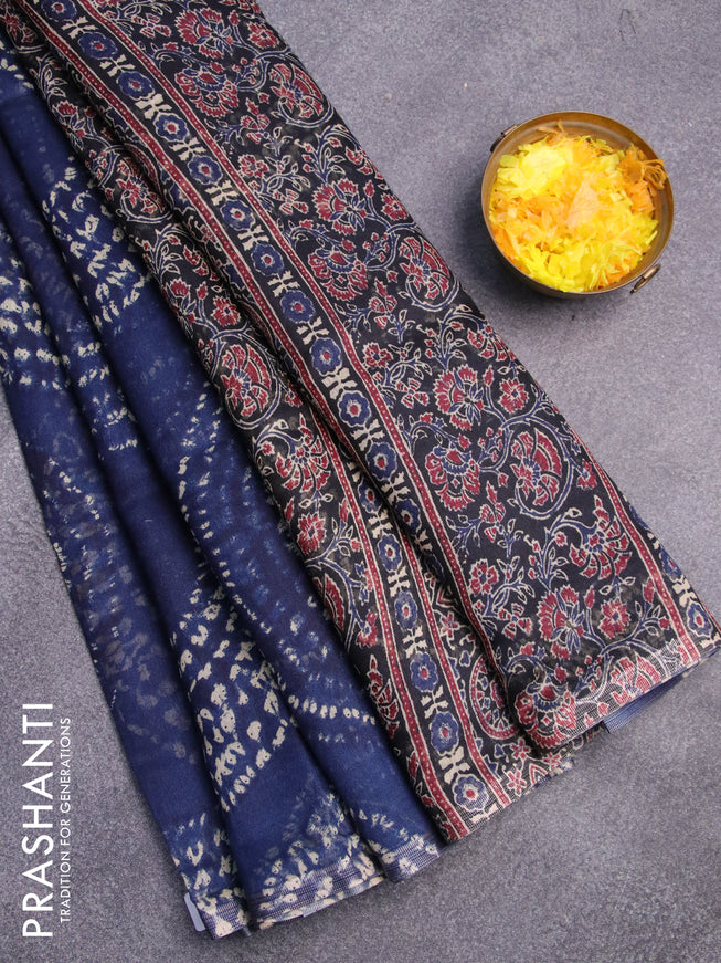 Semi linen saree blue and black with allover shibori prints and ajrakh printed pallu
