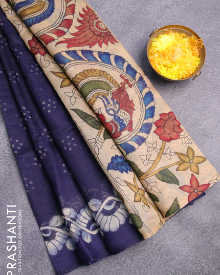 Semi linen saree navy blue and sandal with allover bandhani prints and kalamkari printed pallu