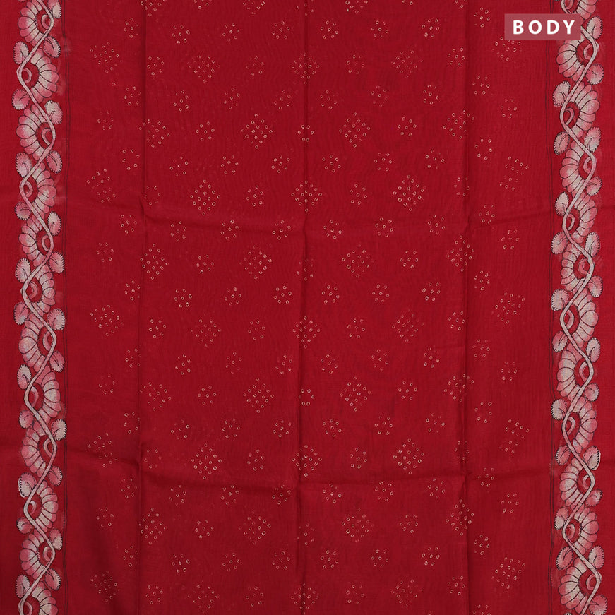 Semi linen saree kum kum red and sandal with allover bandhani prints and kalamkari printed pallu