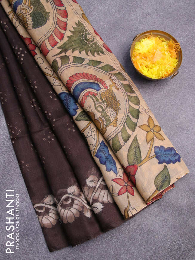 Semi linen saree deep coffee brown and sandal with allover bandhani prints and kalamkari printed pallu