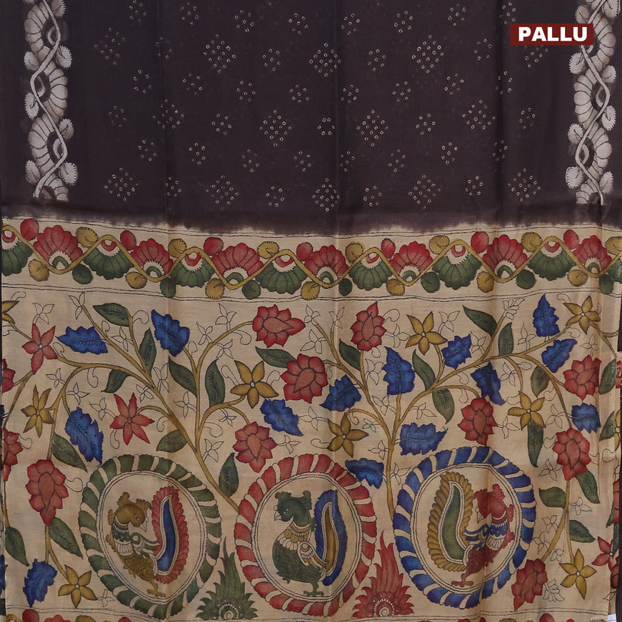 Semi linen saree deep coffee brown and sandal with allover bandhani prints and kalamkari printed pallu