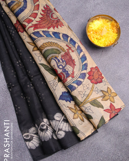 Semi linen saree black and sandal with allover bandhani prints and kalamkari printed pallu