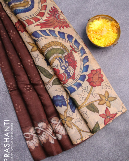 Semi linen saree dark brown and sandal with allover bandhani prints and kalamkari printed pallu