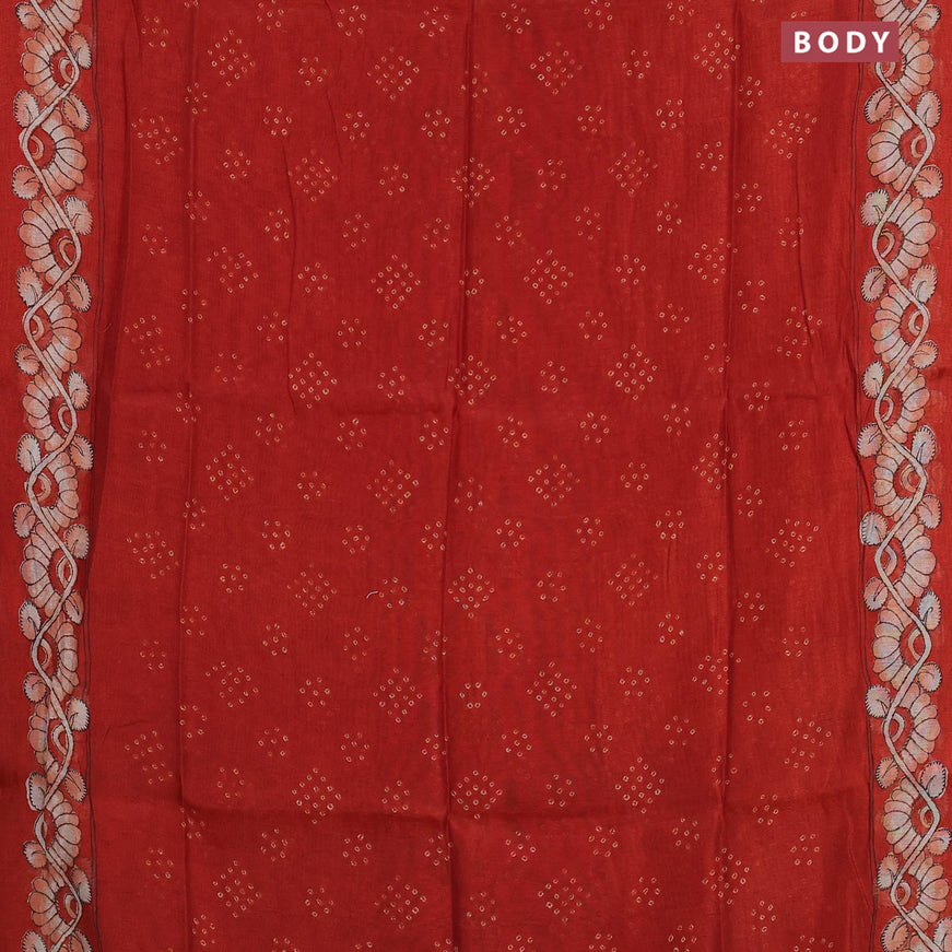 Semi linen saree rustic orange and sandal with allover bandhani prints and kalamkari printed pallu