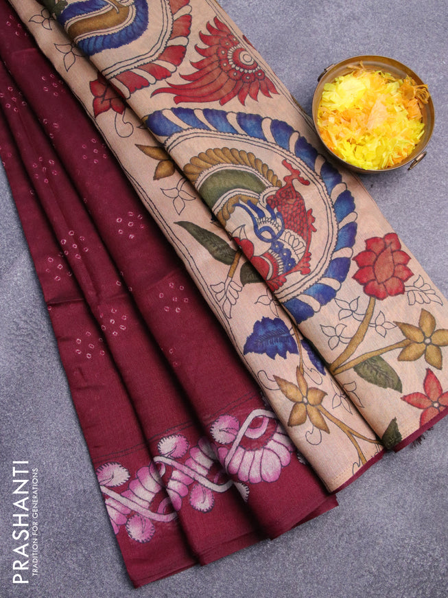 Semi linen saree deep maroon and sandal with allover bandhani prints and kalamkari printed pallu