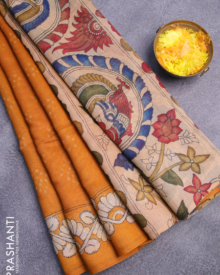 Semi linen saree mustard yellow and sandal with allover bandhani prints and kalamkari printed pallu