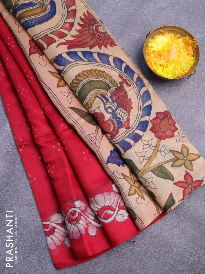 Semi linen saree red and sandal with allover bandhani prints and kalamkari printed pallu
