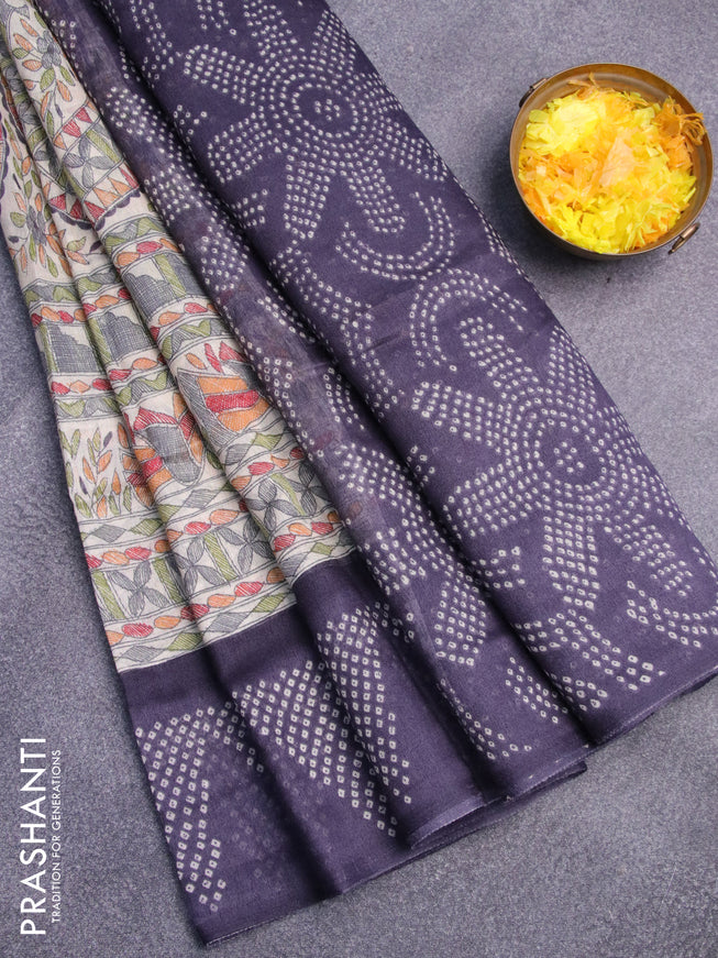 Semi linen saree cream and blue shade with allover madhubani prints and bandhani printed pallu