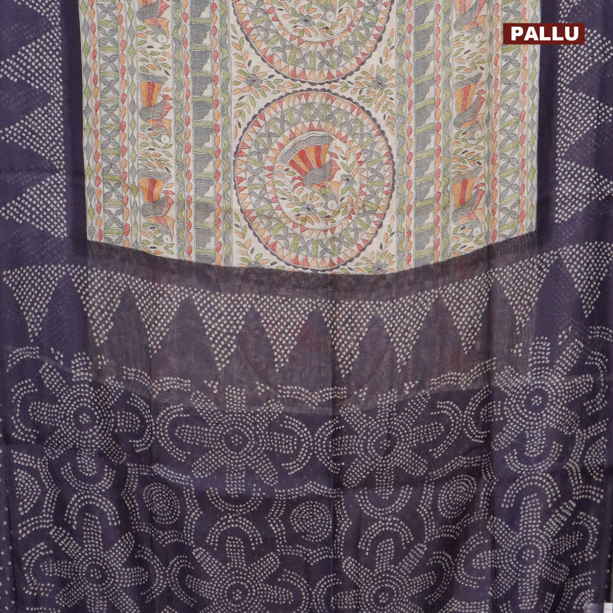 Semi linen saree cream and blue shade with allover madhubani prints and bandhani printed pallu