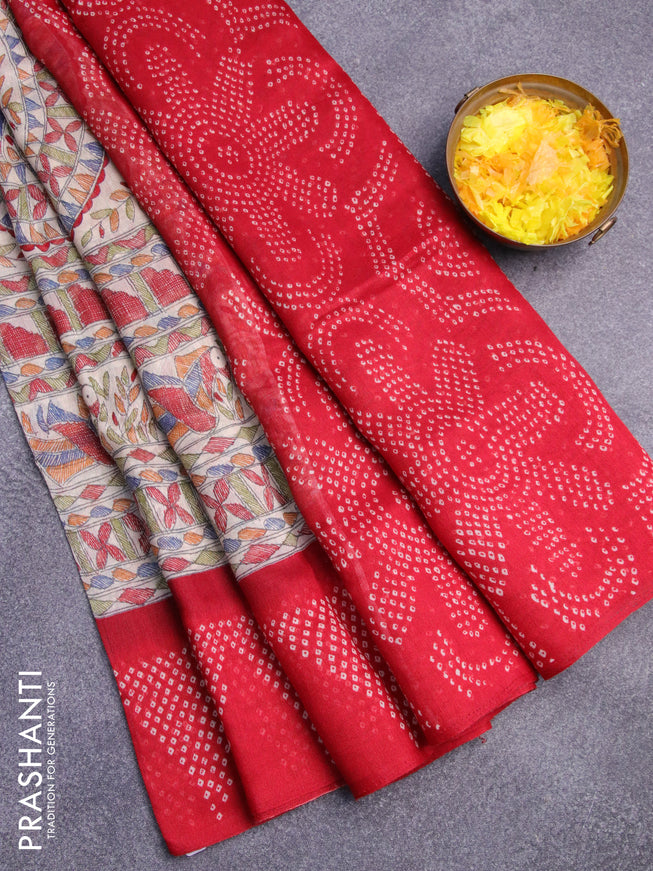 Semi linen saree cream and red with allover madhubani prints and bandhani printed pallu