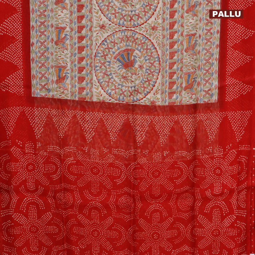 Semi linen saree cream and red with allover madhubani prints and bandhani printed pallu