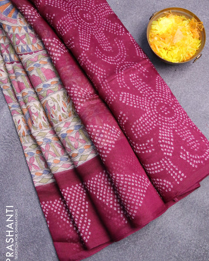 Semi linen saree cream and dark magenta pink with allover madhubani prints and bandhani printed pallu