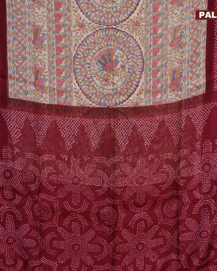 Semi linen saree cream and dark magenta pink with allover madhubani prints and bandhani printed pallu