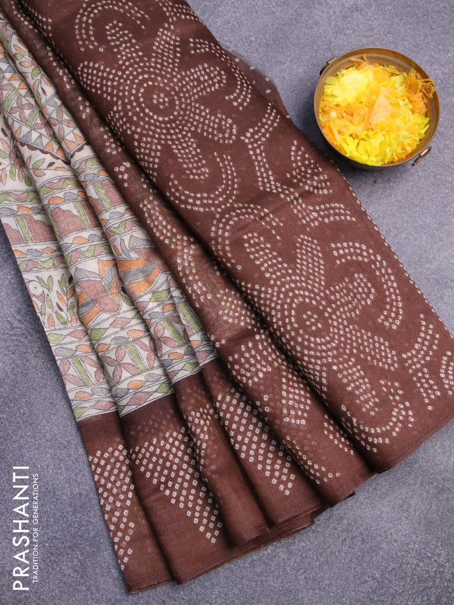 Semi linen saree cream and brown with allover madhubani prints and bandhani printed pallu