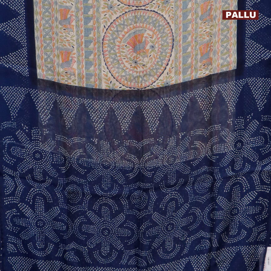 Semi linen saree cream and blue with allover madhubani prints and bandhani printed pallu