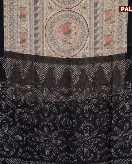 Semi linen saree cream and black with allover madhubani prints and bandhani printed pallu