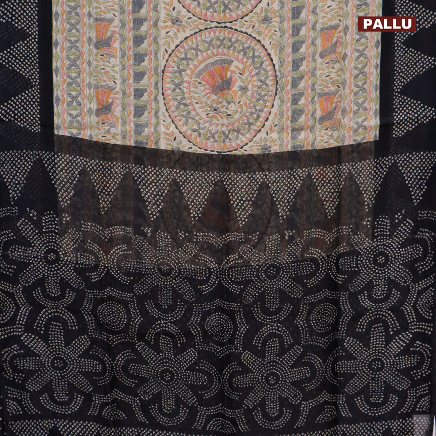Semi linen saree cream and black with allover madhubani prints and bandhani printed pallu