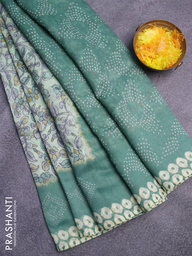 Semi linen saree pastel green with allover kalamkari prints and bandhani printed pallu