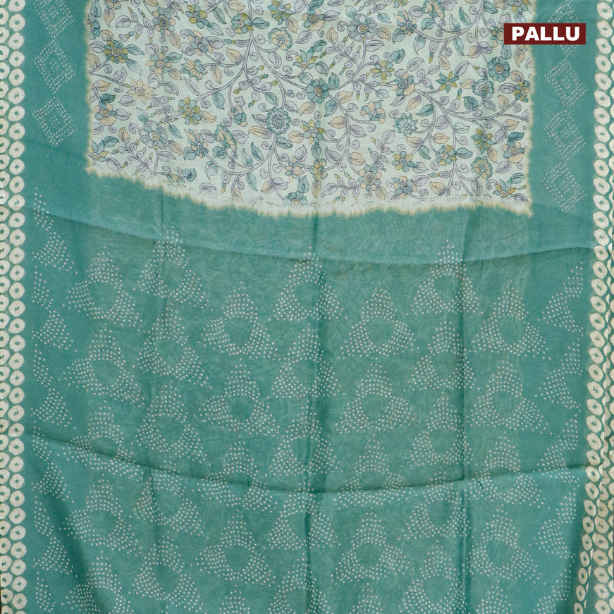 Semi linen saree pastel green with allover kalamkari prints and bandhani printed pallu