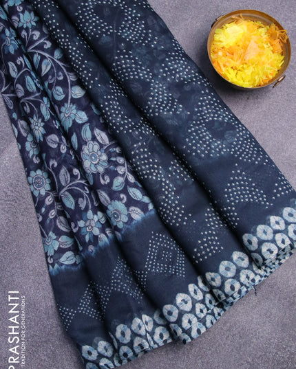 Semi linen saree dark peacock blue with allover kalamkari prints and bandhani printed pallu
