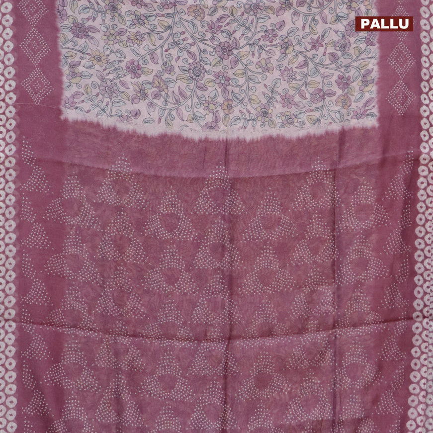 Semi linen saree pastel purple and mild purple with allover kalamkari prints and bandhani printed pallu