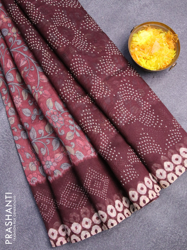 Semi linen saree maroon shade and deep maroon with allover kalamkari prints and bandhani printed pallu