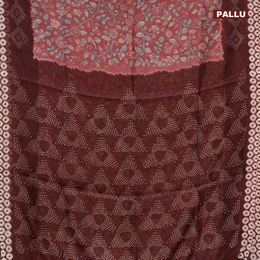 Semi linen saree maroon shade and deep maroon with allover kalamkari prints and bandhani printed pallu
