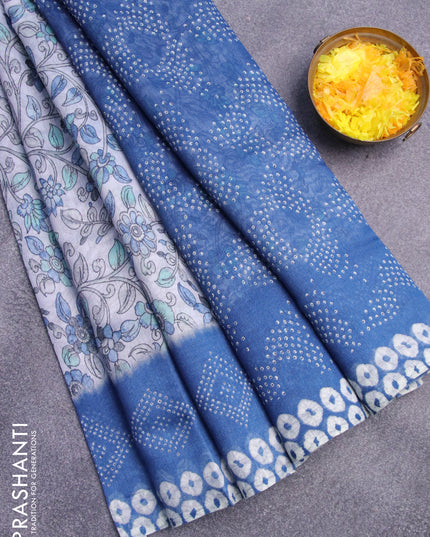 Semi linen saree pastel grey and cs blue with allover kalamkari prints and bandhani printed pallu