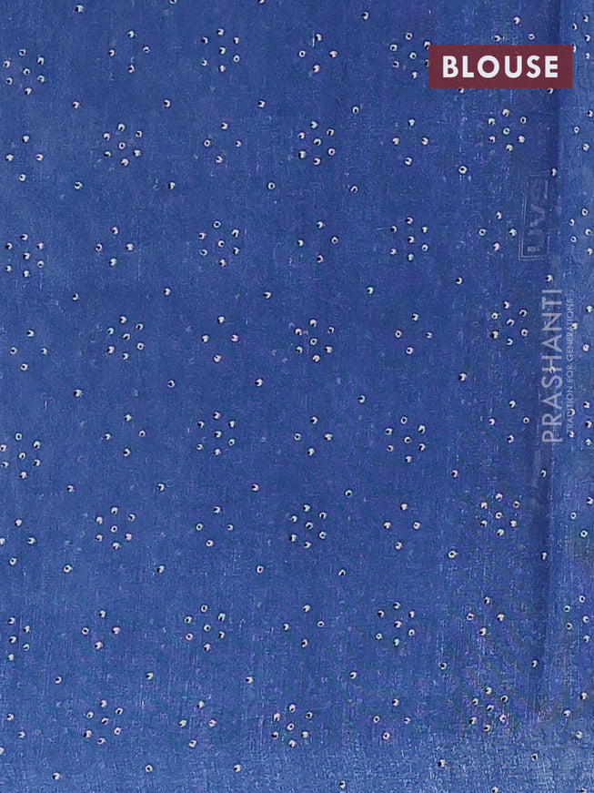 Semi linen saree pastel grey and cs blue with allover kalamkari prints and bandhani printed pallu