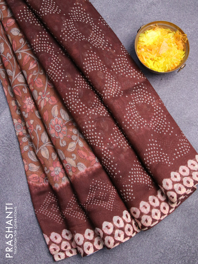 Semi linen saree brown and dark brown with allover kalamkari prints and bandhani printed pallu