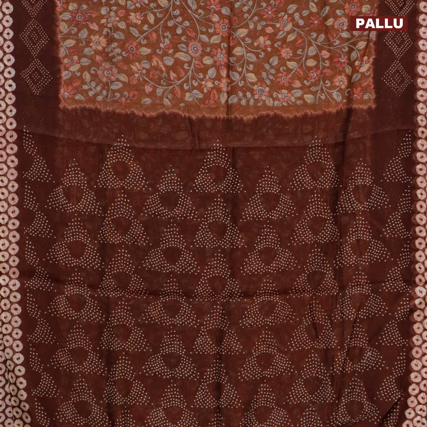 Semi linen saree brown and dark brown with allover kalamkari prints and bandhani printed pallu