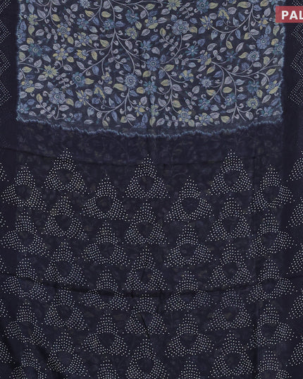 Semi linen saree elephant grey and navy blue with allover kalamkari prints and bandhani printed pallu