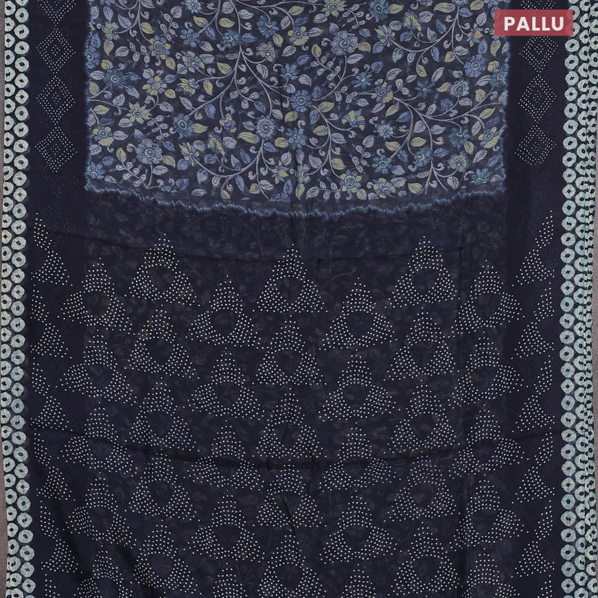 Semi linen saree elephant grey and navy blue with allover kalamkari prints and bandhani printed pallu