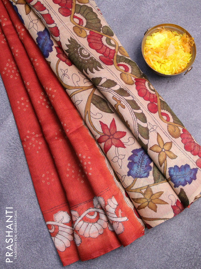 Semi linen saree rust shade and beige with allover bandhani prints and kalamkari printed pallu