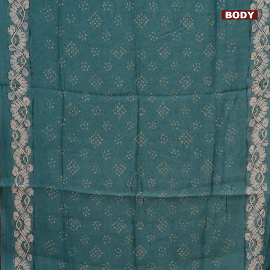 Semi linen saree pastel green and cream with allover bandhani prints and kalamkari printed pallu