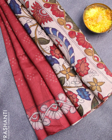 Semi linen saree red and cream with allover bandhani prints and kalamkari printed pallu
