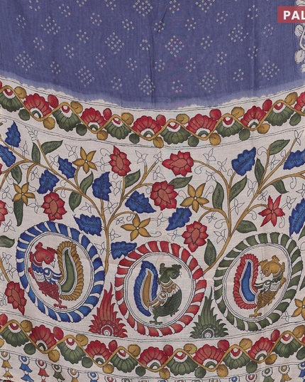 Semi linen saree blue and cream with allover bandhani prints and kalamkari printed pallu