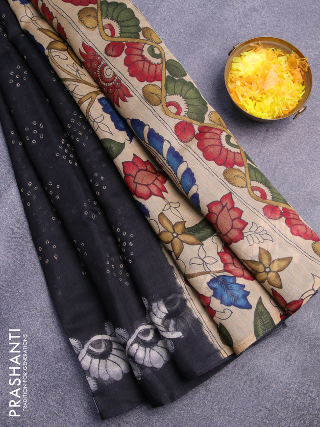 Semi linen saree black and cream with allover bandhani prints and kalamkari printed pallu